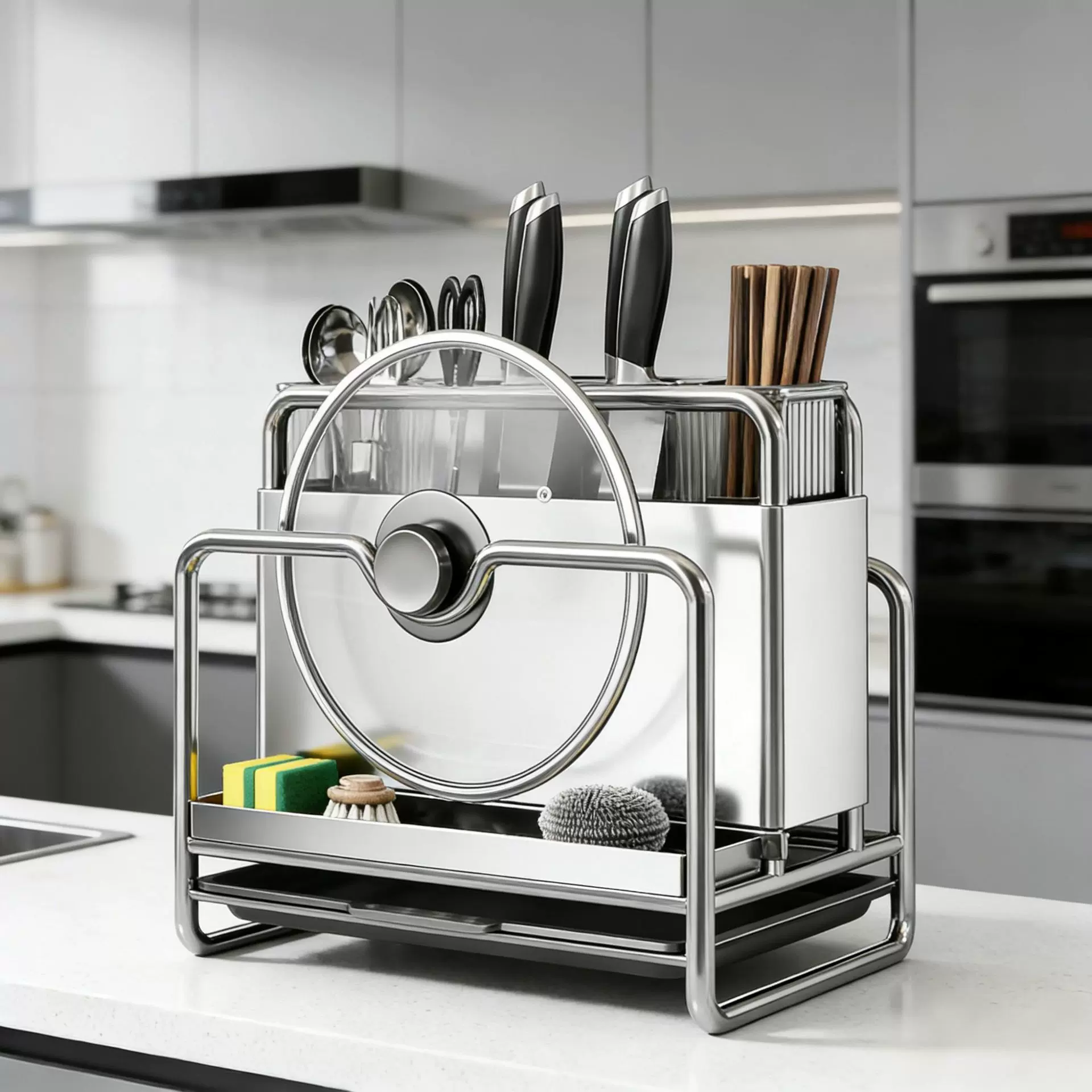 不锈钢刀架置物架新款厨房多功能菜刀筷子笼菜板架一体刀具收纳架