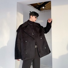 暗黑设计师风潮双排扣大翻领中长款毛呢风衣男廓形肩呢子大衣外套