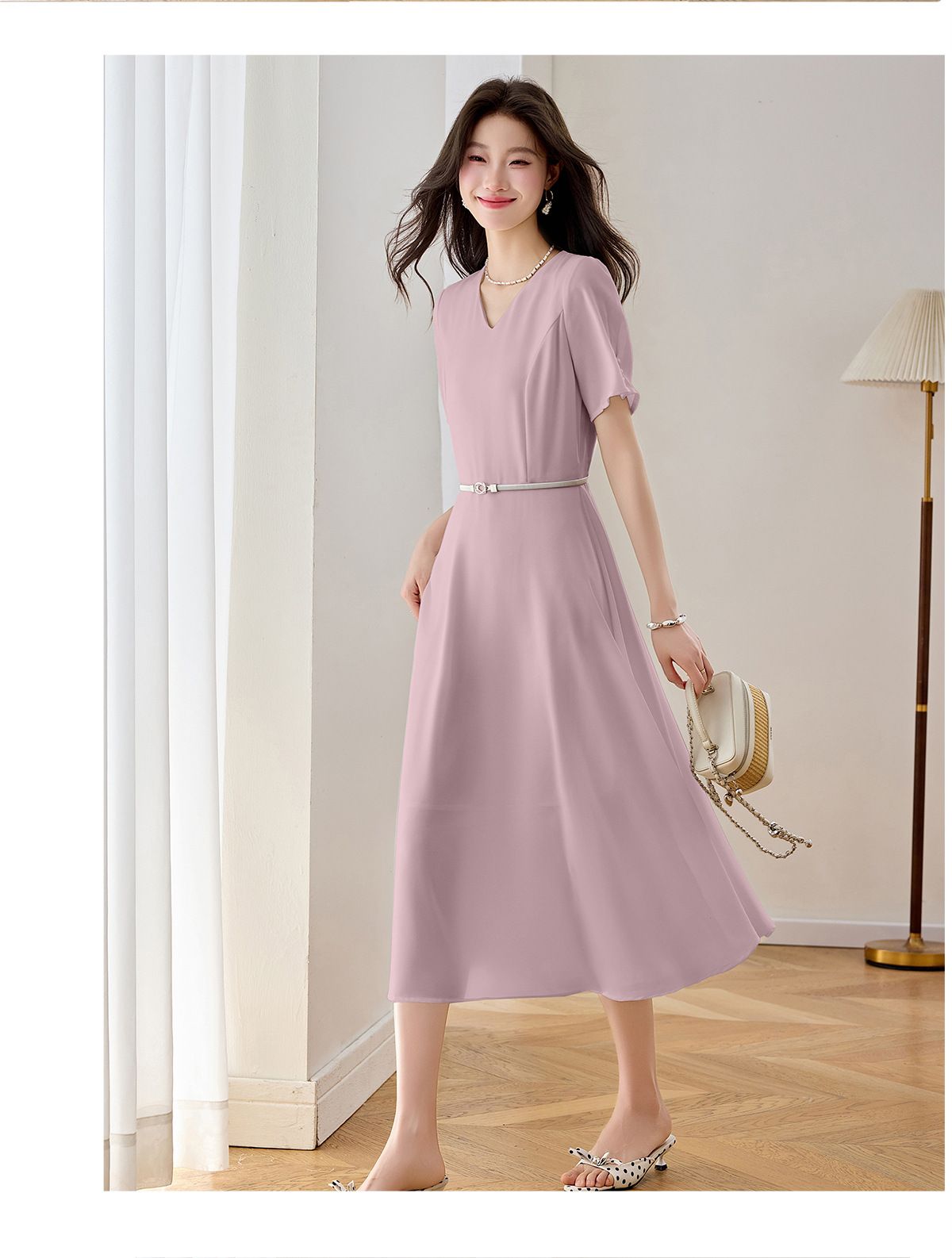 Đầm maxi nữ thắt eo cổ V dáng dài phối màu trơn — màu xanh đậm, màu tím, màu trắng chi tiết 21