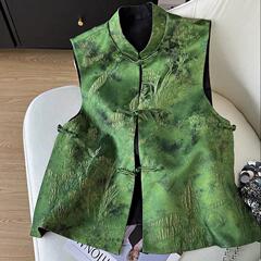 品质显年轻新中式国风绿色复古盘扣马甲春秋仿真丝提花叠穿上衣
