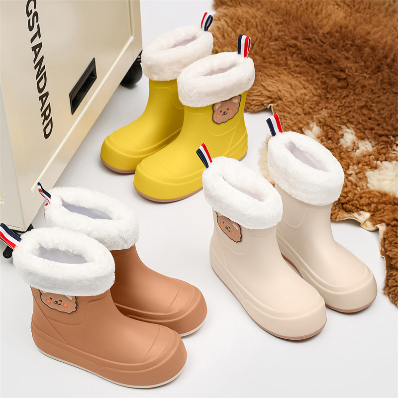 かわいいファッションの新しい雨靴の屋外の靴とベルベットの保温中筒防水雨靴熊の軽い雨靴|undefined
