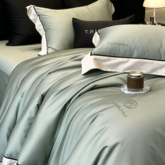 輕奢風純色天絲棉四件套春夏季簡約刺繡寬邊被套絲滑涼感床上用品