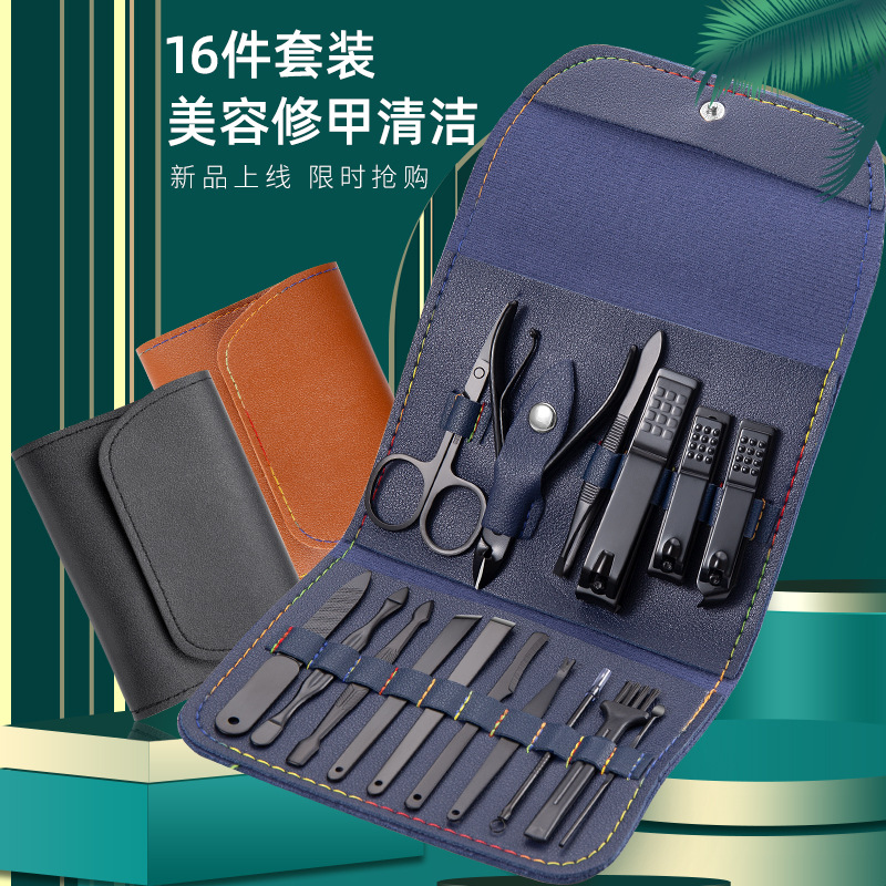 Matcha verde 16 unidades cortaúñas traje de acero inoxidable cortaúñas traje conjunto completo cortaúñas herramientas de uñas