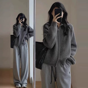 Вязаный кардиган с молнией ретро, свободный крой, демисезонный, серый, one size