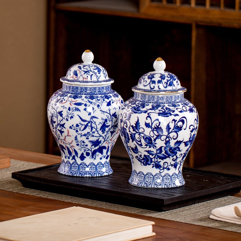 Latas de té transfronterizas de estilo antiguo chino, material de pila de cerámica Qinghua más grande, latas de sellado de cerámica general, almacenamiento a prueba de humedad doméstico