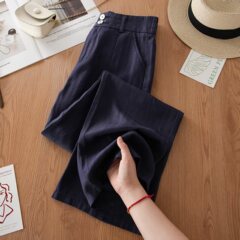 カーキ色の亜麻のワイドレギンスの女性の春夏2025新型のハイウエストはゆったりしていて、やせています。