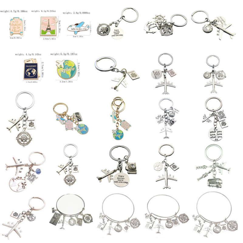Cross-Border New Fashion Enamel Keychain Earth Airplane Suitcase Travel Brooch Necklace Jewelry Wholesale