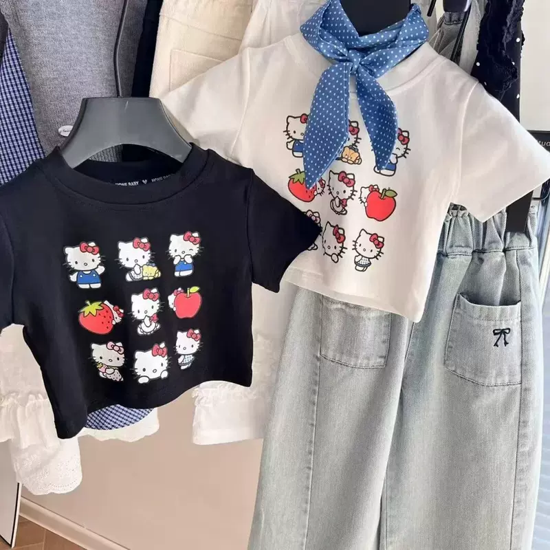 เสื้อยืดแขนสั้นพิมพ์ลายแมว Kt สำหรับเด็กผู้หญิง ผ้าฝ้ายแท้ ระบายอากาศดี คอกลม แขนครึ่ง แฟชั่นฤดูร้อน รุ่นใหม่ 2026
