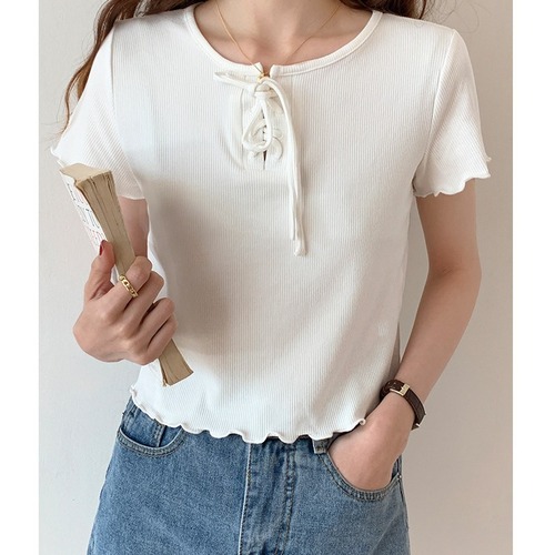 High-waisted Short-Sleeve T-Shirt for Women, Summer, Slim-Fit, Petite Design, with Ruffled Hem, Solid-Color Top