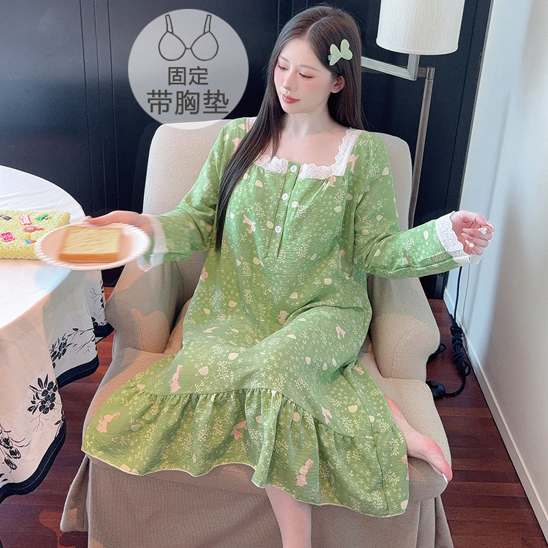 云朵棉睡衣女春秋季带胸垫长袖睡裙韩系碎花卡通大码家居服可外穿|undefined