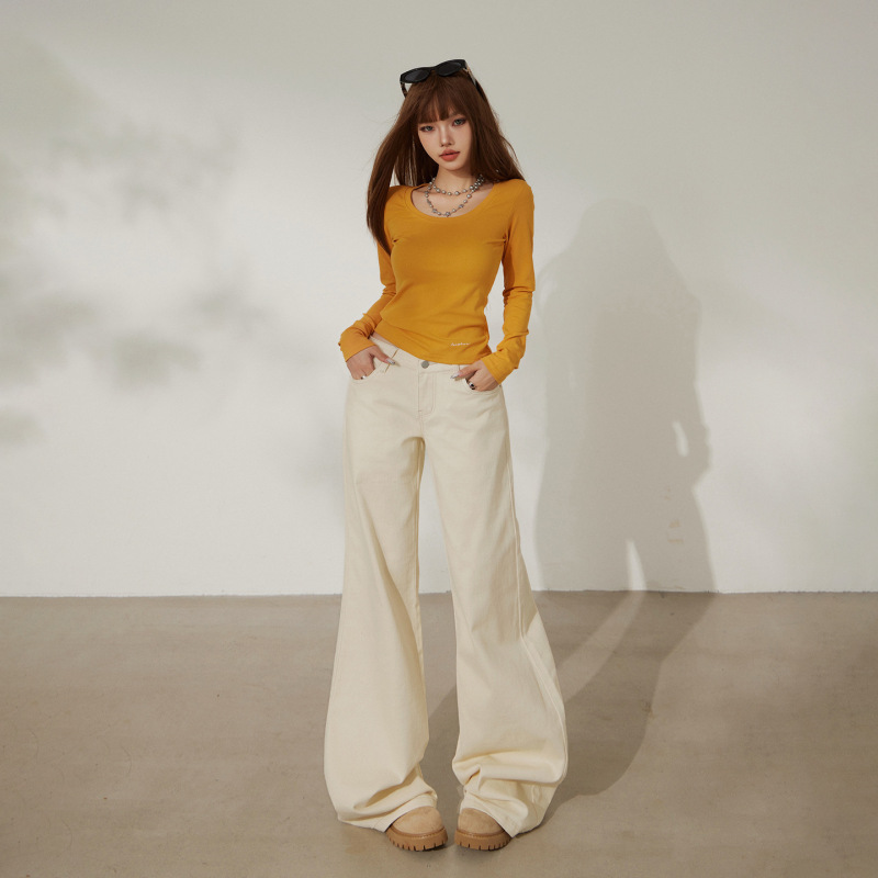 杏色低腰微喇牛仔裤女2025年秋冬新款宽松显瘦不贴腿阔腿喇叭裤子|undefined