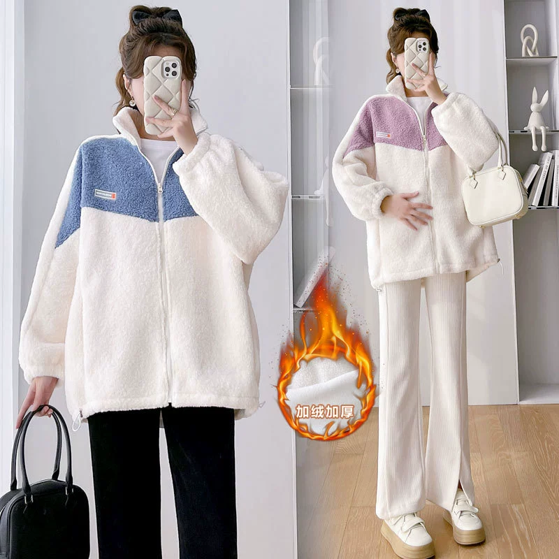 Спот 2024 новые пальто для беременных зимой бархат утолщение овечья молния молния воротник для беременных повседневные пальто