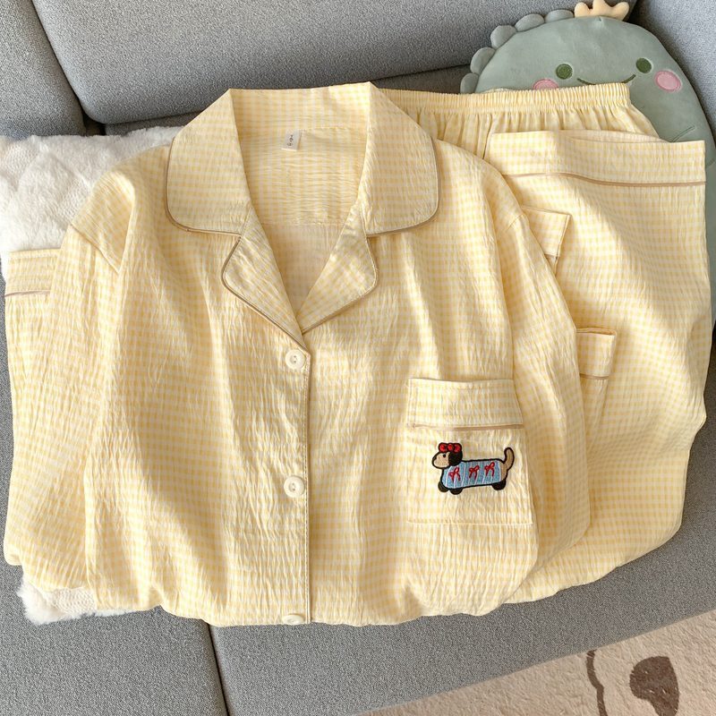 (가슴패드 없음) [윤두면] 강아지 옐로 체크무늬 긴팔+바지