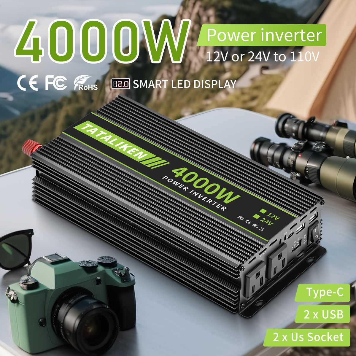 美规插座2025跨境修正弦波1500/4000W逆变器12V24V转110V高效电源