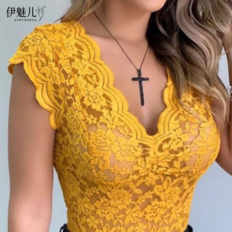 2024 deseo nuevo encaje con cuello en V camiseta sexy ver-a través de la parte superior B3067