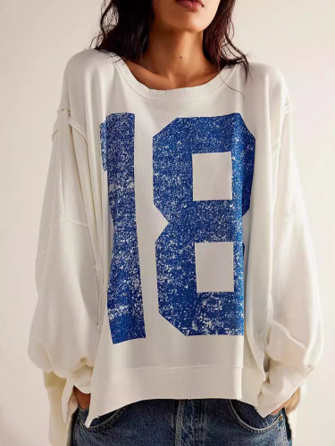 Spring European and American loose long-sleeved drop-shoulder casual printed crew neck open side hoodie