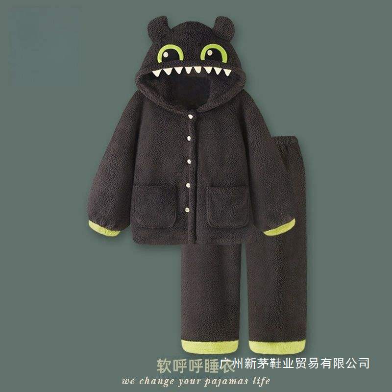 2025 New Cartoon Toothless Couple Pajamas Women's Four Seasons Coral Velvet Four Seasons Plus Velvet Men's Home Clothing Set