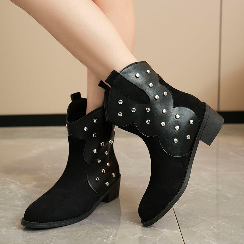 Women's Shoes large size winter women's boots rivet decoration retro pointed thick heel short boots sleeve Martin boots_voghion.com