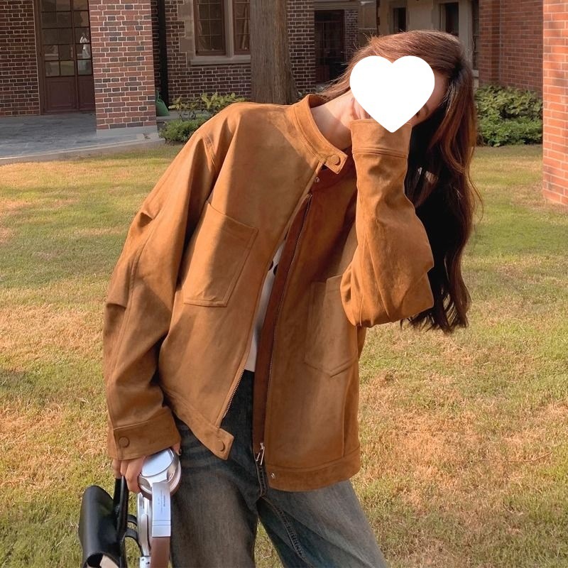 美拉德棕色夹克外套女麂皮绒春秋新款韩版宽松休闲百搭立领上衣潮|undefined
