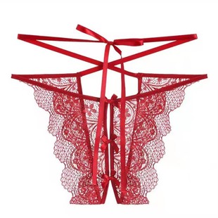 Sexy Perspective Hollow-out Open No-take-off Briefs Ribbon Beautiful Hip Lace G-string Low Waist Hot T-pants