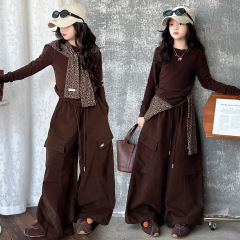 女童工装裤套装春秋装2025新款儿童中大童韩版潮款复古直筒阔腿裤