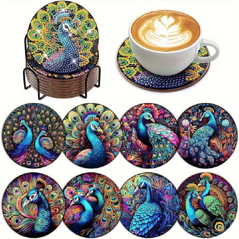 Ventas transfronterizas calientes de 8 piezas de conjunto de cojín de taza de arte de diamante, con soporte, pequeño conjunto de pintura de diamante, adecuado para adultos