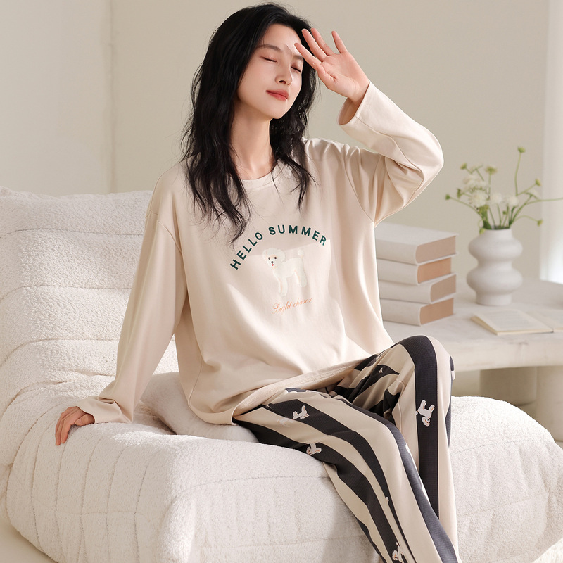 睡衣女长袖长裤纯棉薄款女士春秋季全棉家居服两件套装吸汗休闲风|undefined
