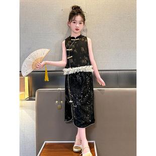 Girl's National Style Suit Summer 2024 New Western Style Antique Tang Suit Children's Summer New Chinese Cheongsam Skirt