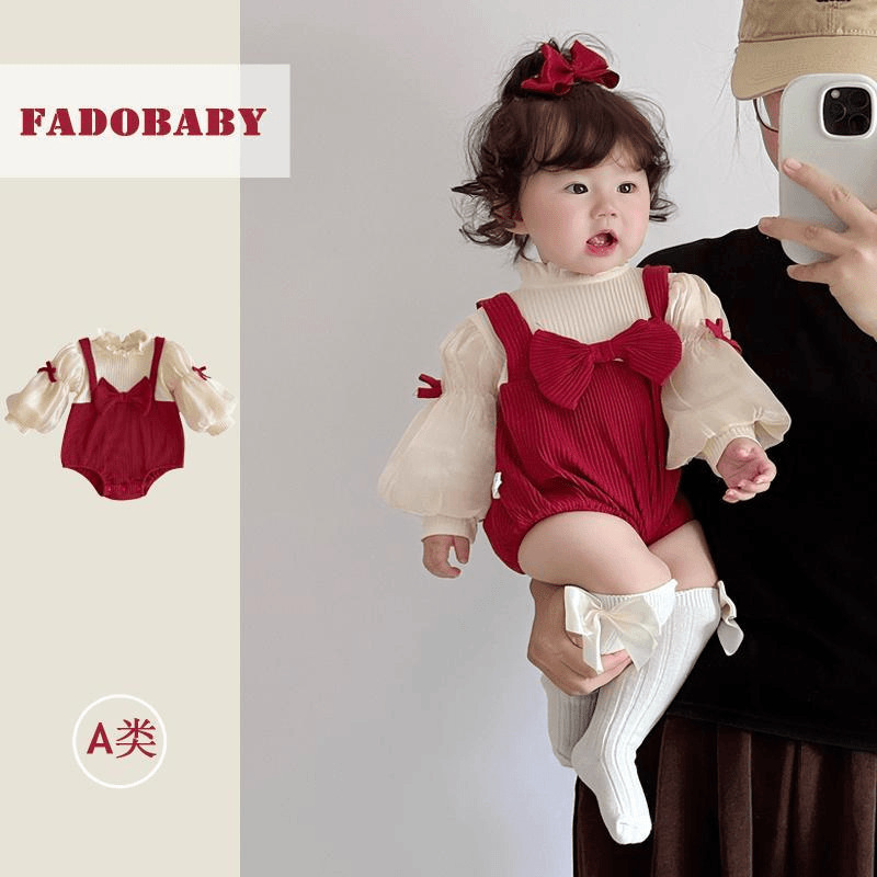 ベビー服、秋服、女性用リボンパフスリーブ、フェイクツーピースカバーオール、新生児満月百日ジャンプスーツ|undefined