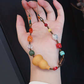 新中式天然葫芦多宝手机挂件手腕挂绳男女纯银南红和田玉挂坠防丢