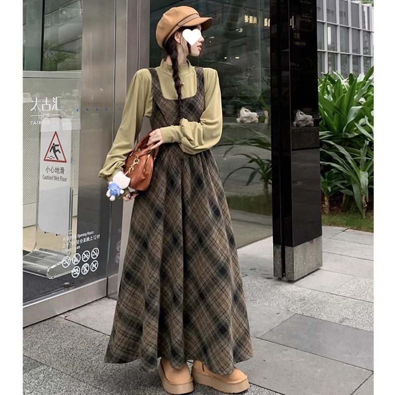 学院风日系复古格子背带裙收腰显瘦绑带连衣裙加厚上衣套装女秋冬