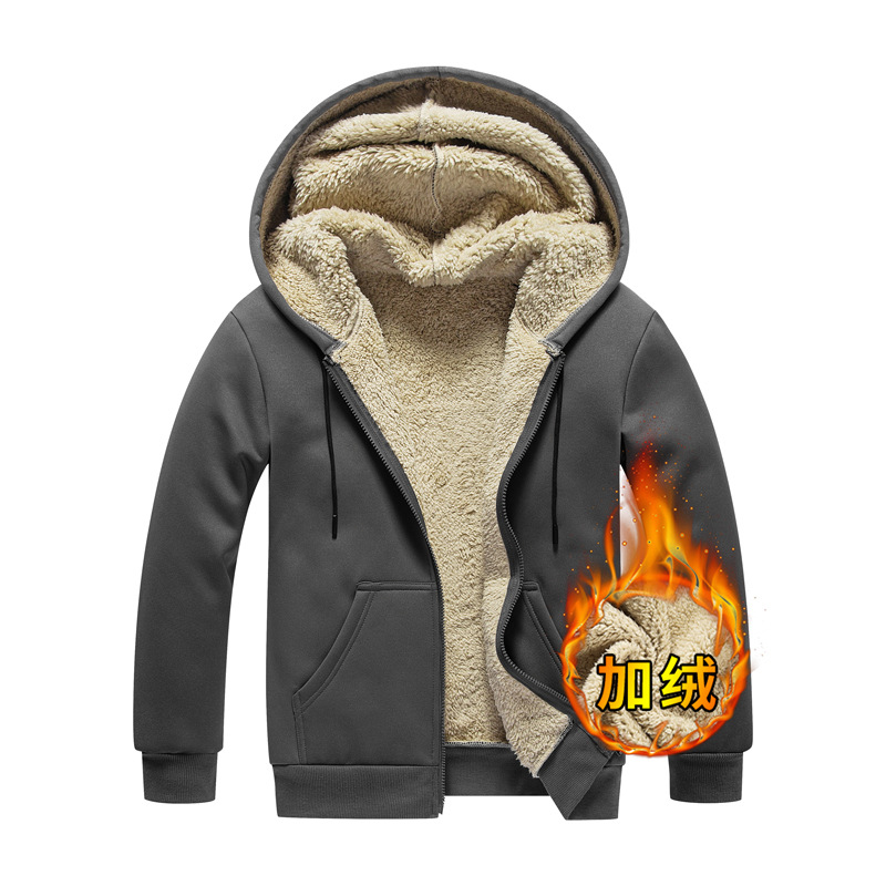 跨境冬季男式连帽加绒纯色卫衣棒球服wish羊羔绒外套速卖通JOOM厂