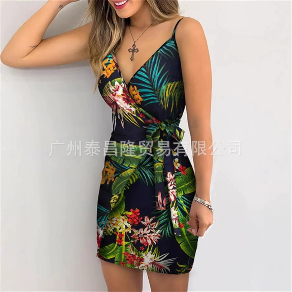 Новое платье Amazon с V-образным вырезом, на тонких бретелях, с принтом и поясом на завязках, облегающее, сексуальное, для трансграничной торговли в Европе и Америке