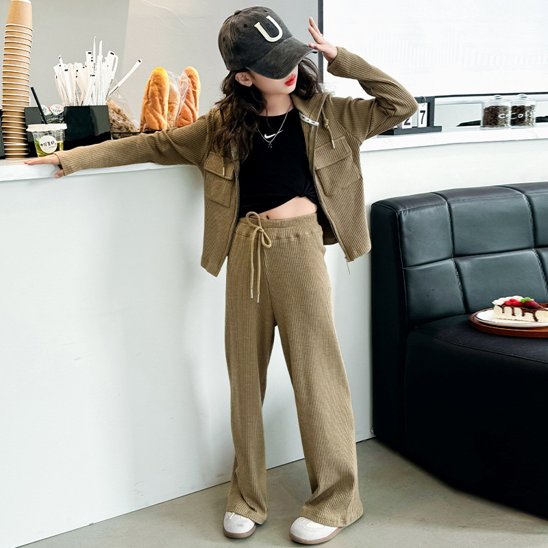 (2개) 소녀 세트 가을 2024 새로운 세련된 후드 재킷 두 조각 세트 중 큰 어린이 가을 유행 넓은 다리 바지