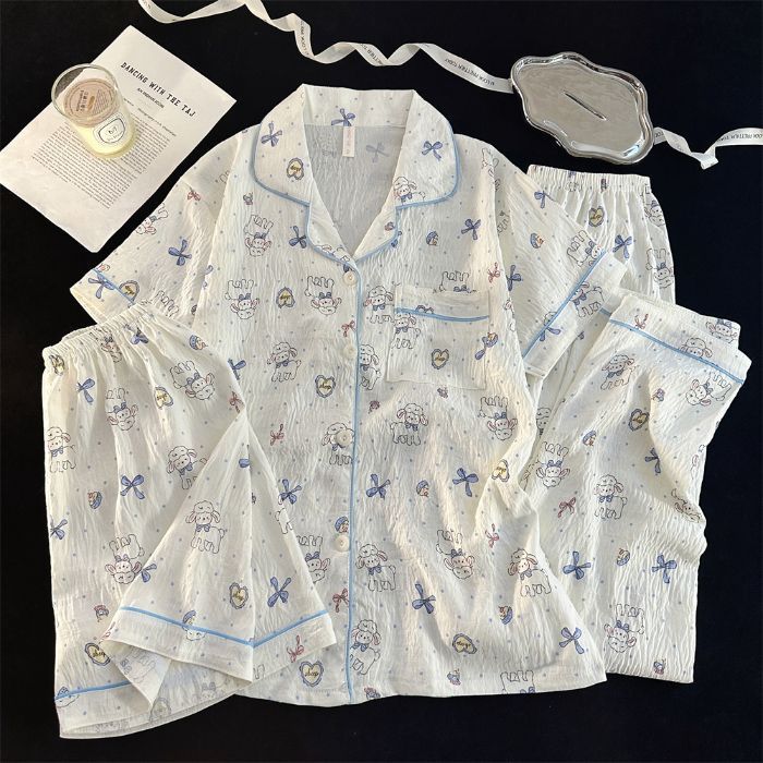 Verano transfronterizo nuevo estilo cómodo nube de algodón de tres piezas solapa pantalones cortos de manga corta pantalones ropa a domicilio traje de pijama de mujer