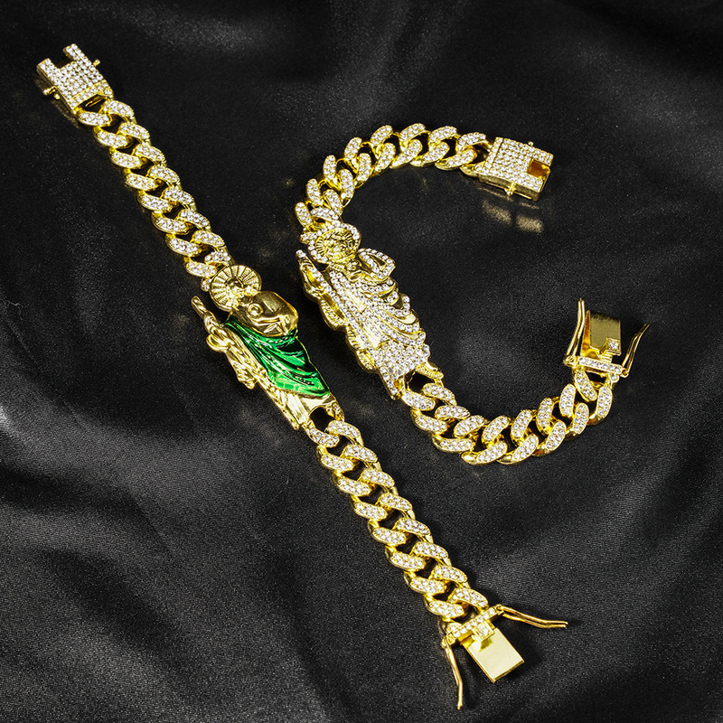 Temu Hip-Hop Trendy Men's Diamond-Encrusted Bracelet Cuban Chain Full Diamond Saint Jude Hot-Selling Chain Fashion Cartoon Character