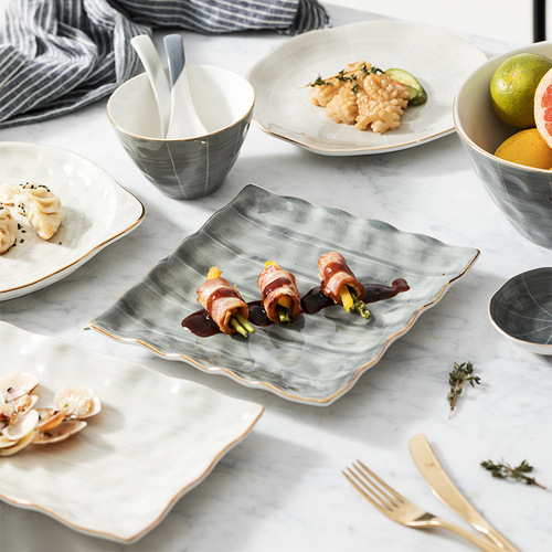 European-style light luxury gold edge underglaze ceramic tableware set, including bowls, plates, and dishes, for home use, serving plates, soup bowls, eating bowls, chopsticks, and plates