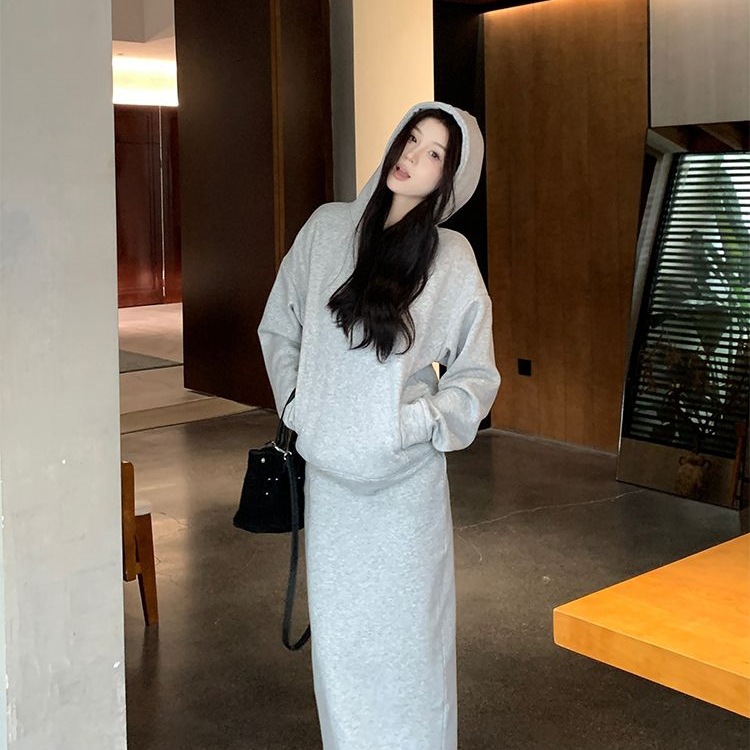 胖MM大码300斤冬季加绒加厚连帽长袖卫衣高腰开叉半身裙时尚套装2