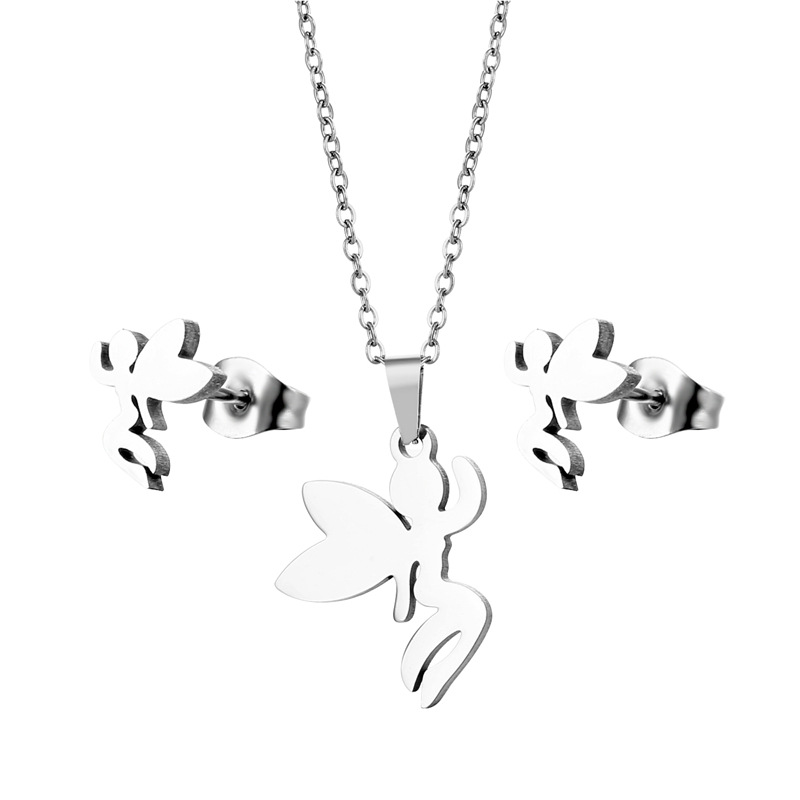 Angel Necklace Fairy Angel Pendant Fashion Stainless Steel Necklace Earring Set