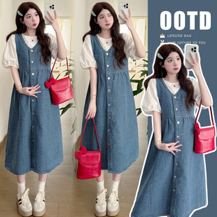 Summer New Sweet Age-reducing Loose Korean Maternity Dress Plaid Denim dress suit