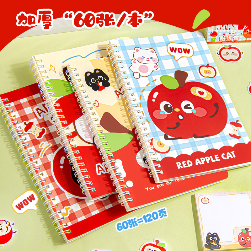 Cute A5 Apple Cat Spiral Notebook High-Value Student Prize Notebook Cartoon Ins Style Thick Lined Journal Cute A5 Apple Cat Spiral Notebook High-Value Student Prize Notebook Cartoon Ins Style Thick Lined Journal