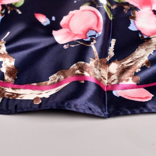  Spring New Shili Peach Blossom Satin 90*90 Square Silk Scarf Wholesale Women's Printed Scarf and Headband