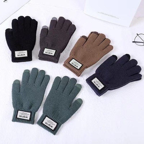 Knitted Wool Men's Winter Warmth Korean Version Labeled Thicken Fleece Touch Screen Gloves Large