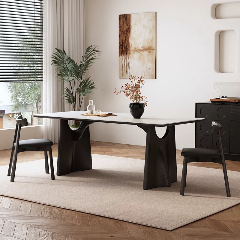 Retro and minimalist solid wood dining table, suitable for small apartments, with a mid-century modern style, rectangular tabletop made of stone, and a set of chairs