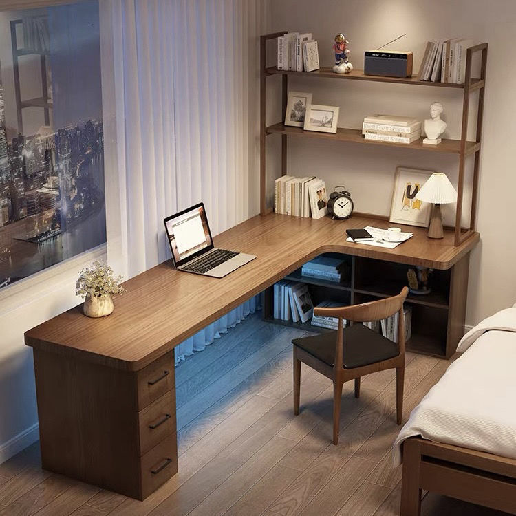 SoLid Wood Desktop Computer TabLe BooksheLf Integrated TabLe SpeciaL-shaped Home SimpLe Modern Bedroom WaLL L-shaped Corner Desk