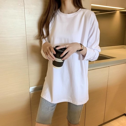 Korean Plus Size Pure Cotton Long Sleeve T-Shirt for Women Loose and Slim Fit Layering Top Overshirt Medium Length T-Shirt Casual