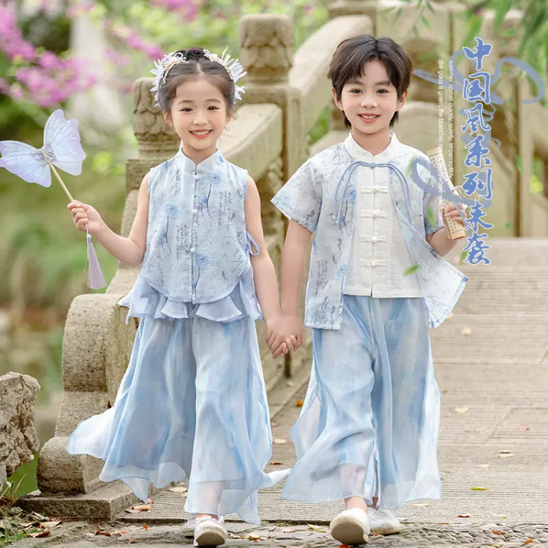儿童新中式国风套装夏季2025新款男女童洋气时髦夏装汉服两件套潮