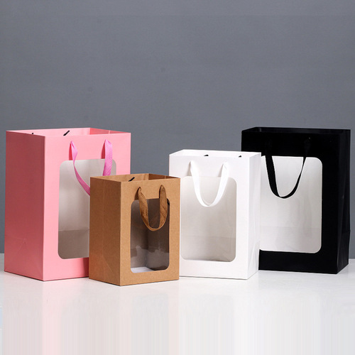 Transparent Window Gift Bag for Teacher's Day Promotional Paper Bag with Fresh Flowers Gift Bag Packaging, Handout Gift, Retail Display Handbag