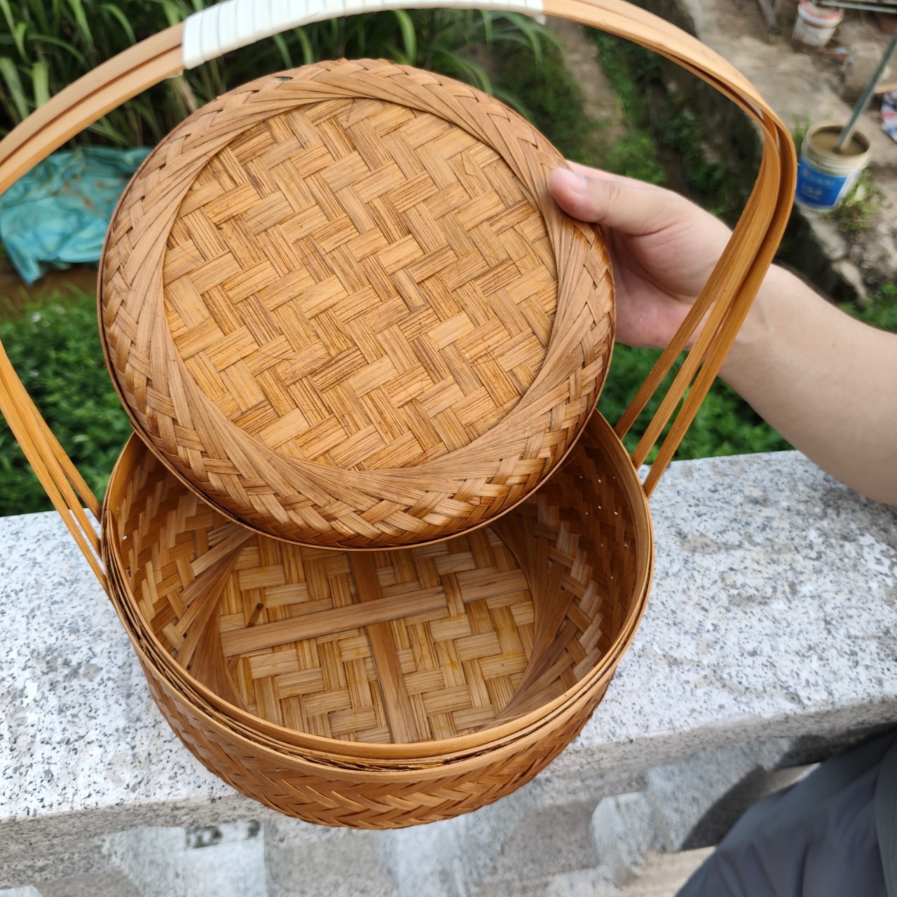 Cesta de Bambú Tejido Grande Redonda con Tapa para Regalos y Hogar