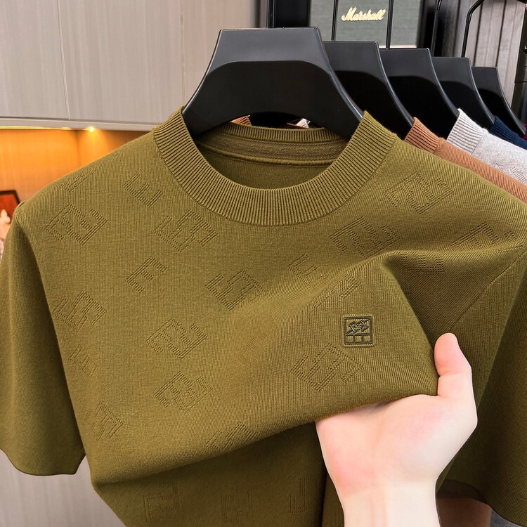Luxury jacquard short-sleeve knit sweater for men, new round-neck high-end warm base wool shirt top for men Luxury jacquard short-sleeve knit sweater for men, new round-neck high-end warm base wool shirt top for men